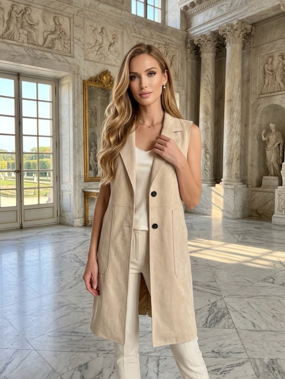 Sleeveless Long Vest in Light Beige